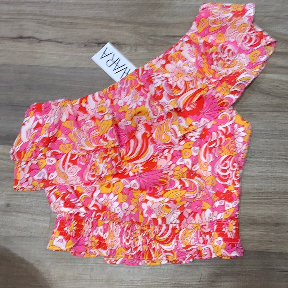 One shoulder floral groovy pink and orange shirt